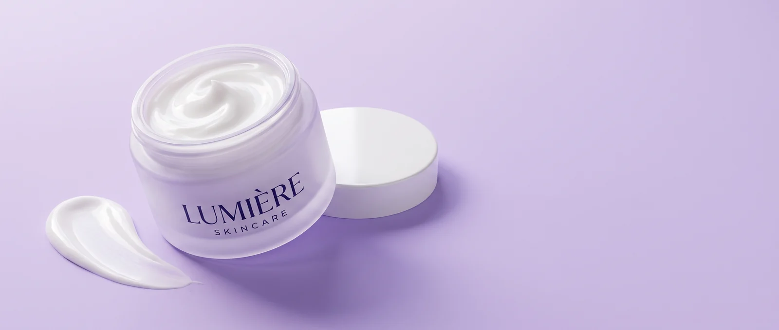 Overnight Renewal Cream, open, on a lavender ground