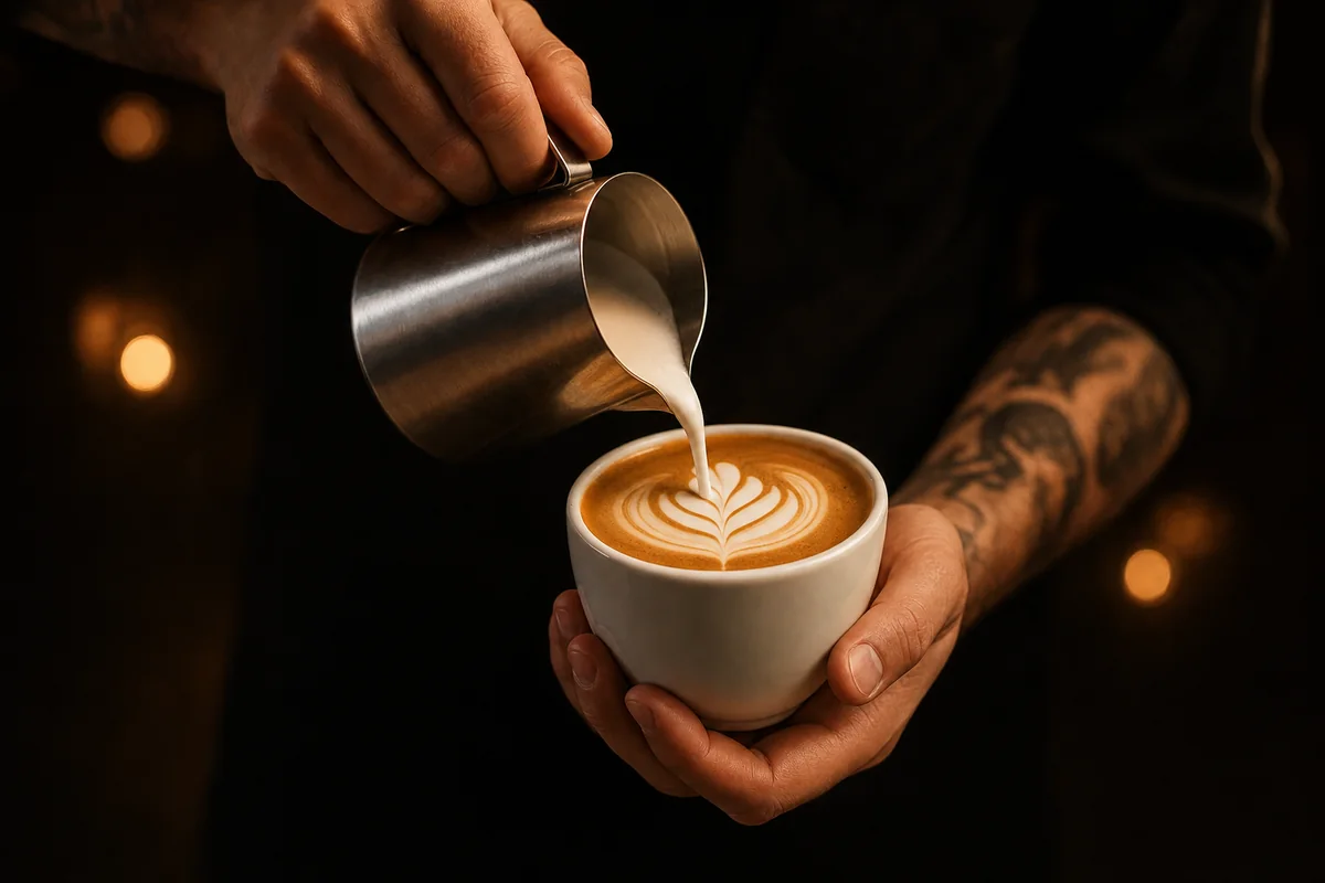 A barista pouring milk into a cup to finish a rosetta