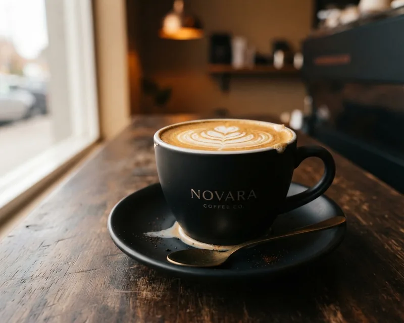 A cappuccino with rosetta latte art in a black cup on its saucer, by the window