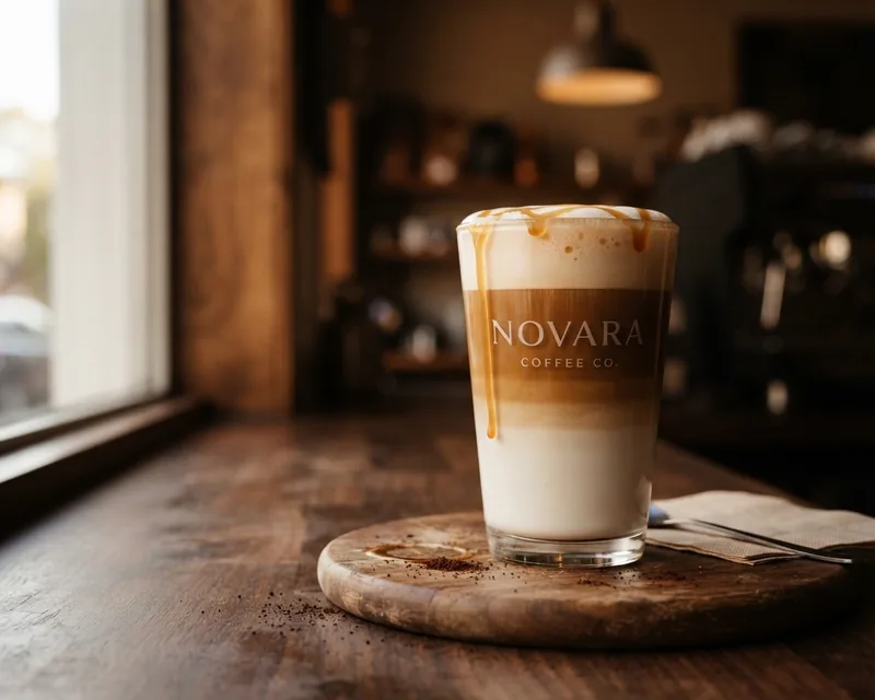 A caramel macchiato in a tall glass on a wooden board, caramel running down the foam