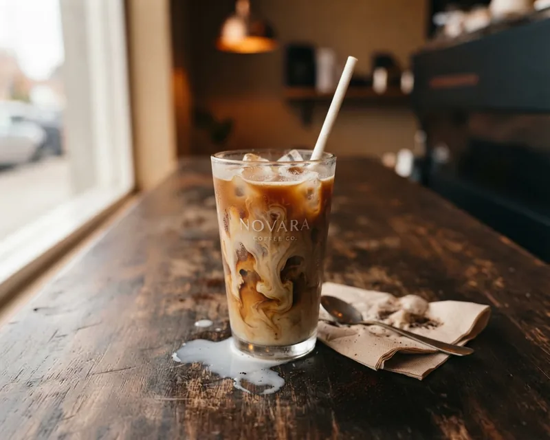 An iced latte in a tall glass with a paper straw, milk swirling through the coffee, by the window