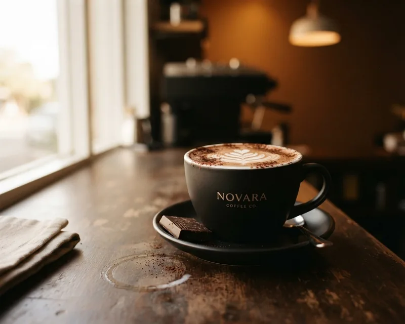 A mocha in a black cup, the foam dusted with cocoa, a square of dark chocolate on the saucer