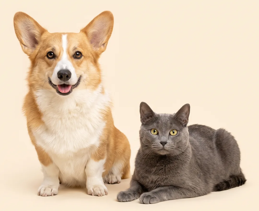 A corgi sitting beside a grey cat lying down